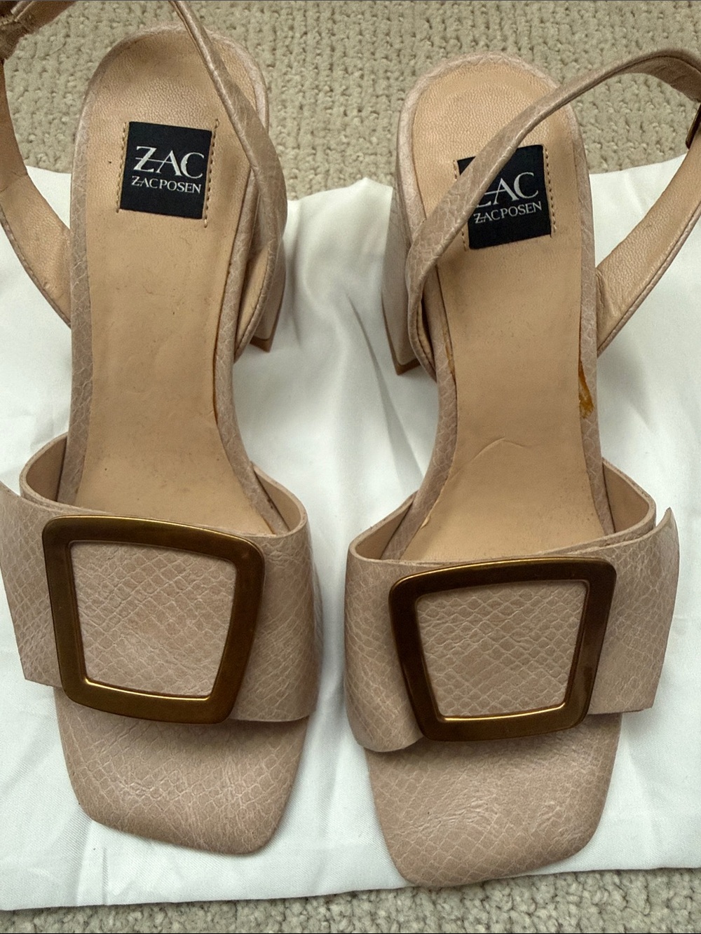 ZAC Zac Posen Beige Textured Slingback Heels with Gold Buckles